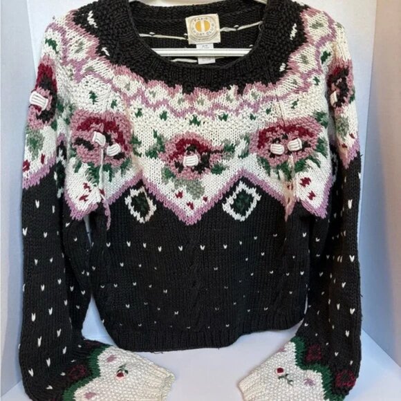 Vintage Paris Sport Club Floral Knit Sweater Black Pink White Size M - Picture 1 of 7